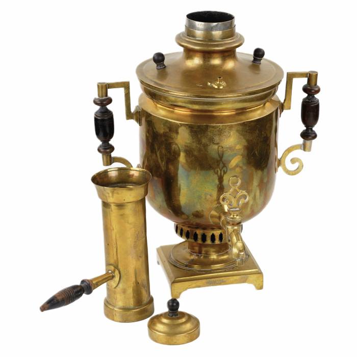 Russian cylindrical brass samovar with pipe and lid. 19th century. TNACH. 