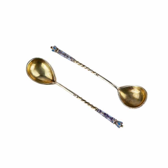 A pair of Russian silver spoons with enamel and gilding. The turn of the 19th-20th centuries.