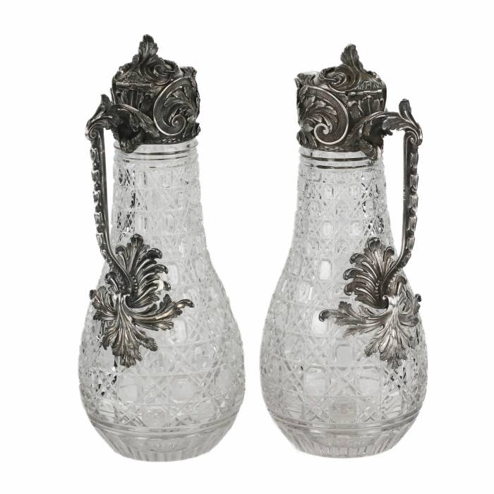 A magnificent pair of cast crystal wine jugs in superb BOLIN silver. Moscow. Russia 19th century.