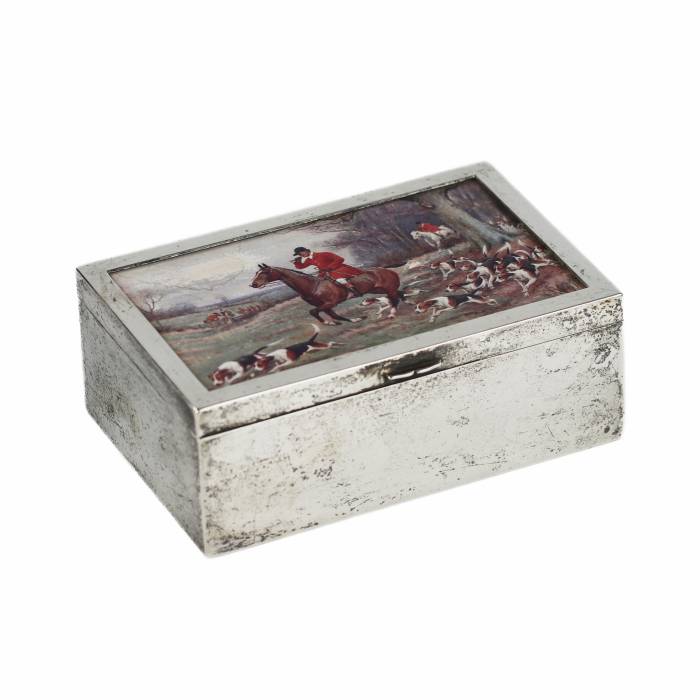 Wooden box upholstered with silver-plated metal. 20th century.