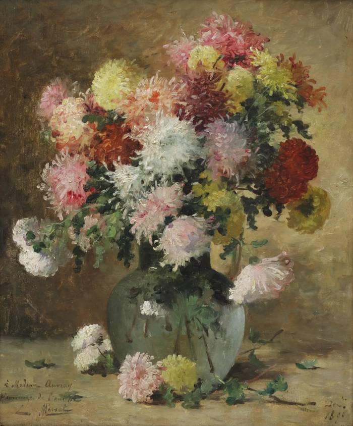 E.L. Minet. Asters. A gentle French still life from 1890 with a shadow of autumn sadness and dedication. 