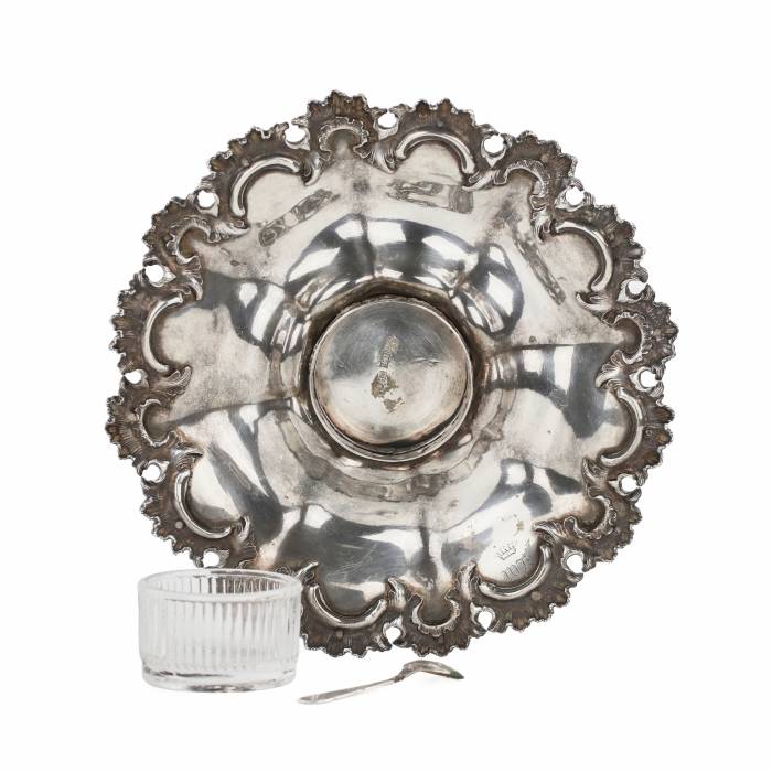 Russian silver caviar bowl with glass tray and silver spoon. 1843. 
