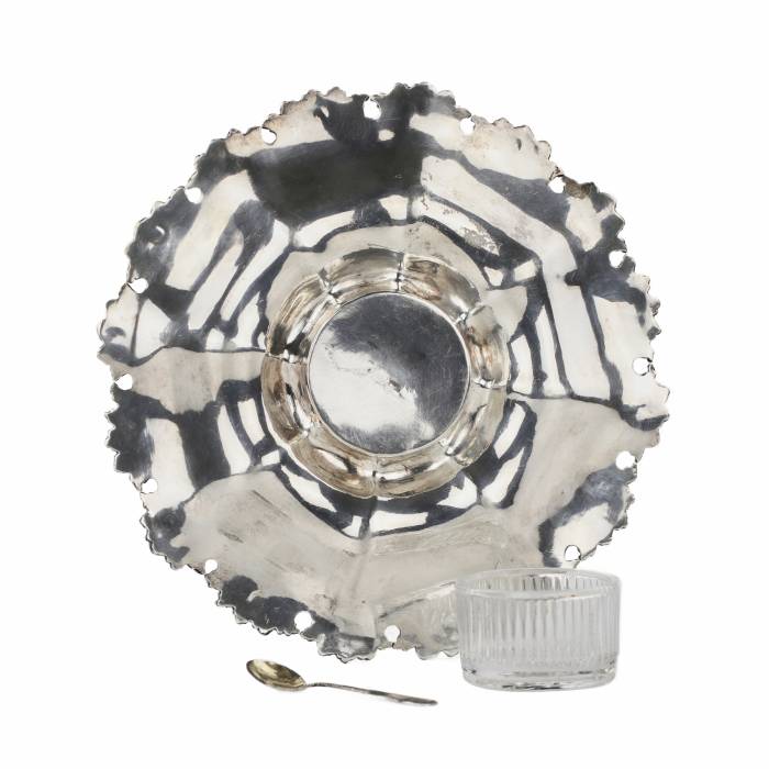 Russian silver caviar bowl with glass tray and silver spoon. 1843. 