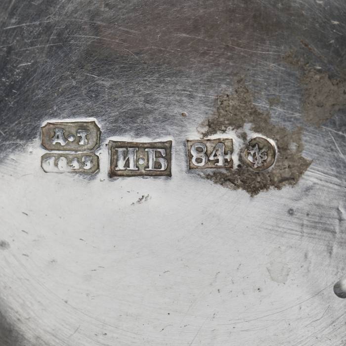 Russian silver caviar bowl with glass tray and silver spoon. 1843. 