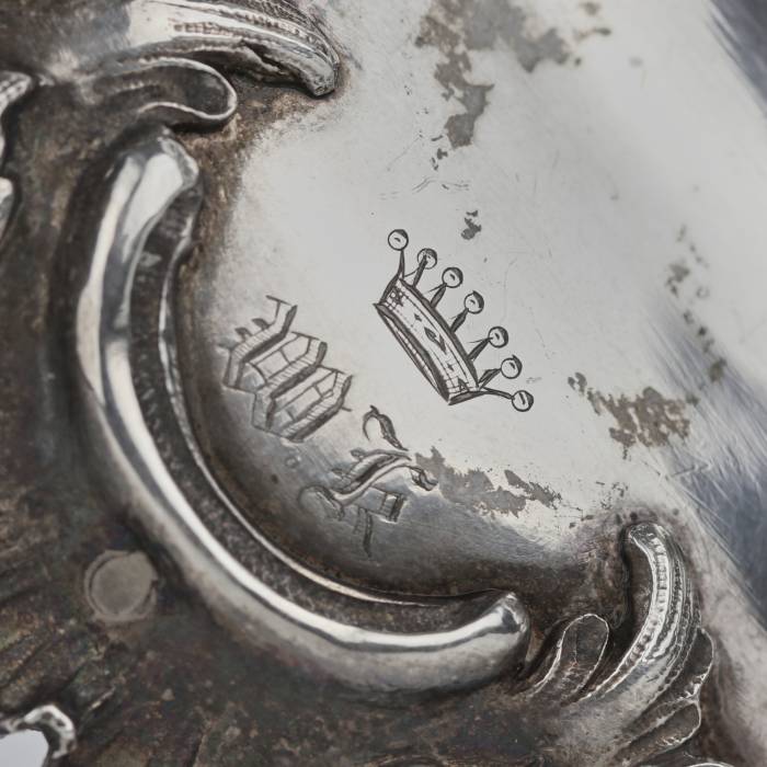Russian silver caviar bowl with glass tray and silver spoon. 1843. 