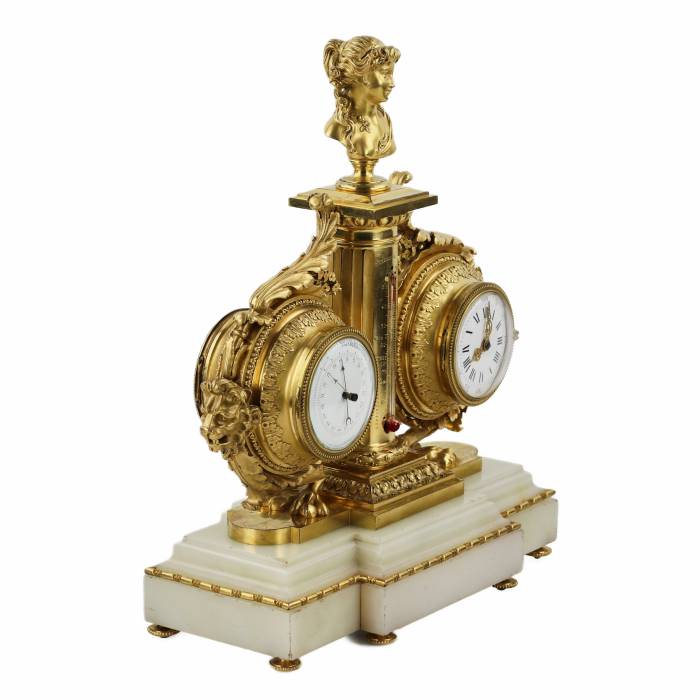 Tabletop instrument in white marble, gilded bronze: with clock, thermometer and barometer. 19th century. 