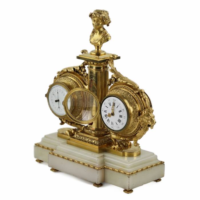 Instrument de table en marbre blanc, bronze dore : avec horloge, thermomètre et baromètre. 19ème siècle. 