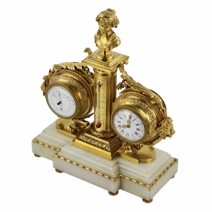Galda instruments no balta marmora, zeltīta bronza: ar pulksteni, termometru un barometru. 19. gadsimts. 
