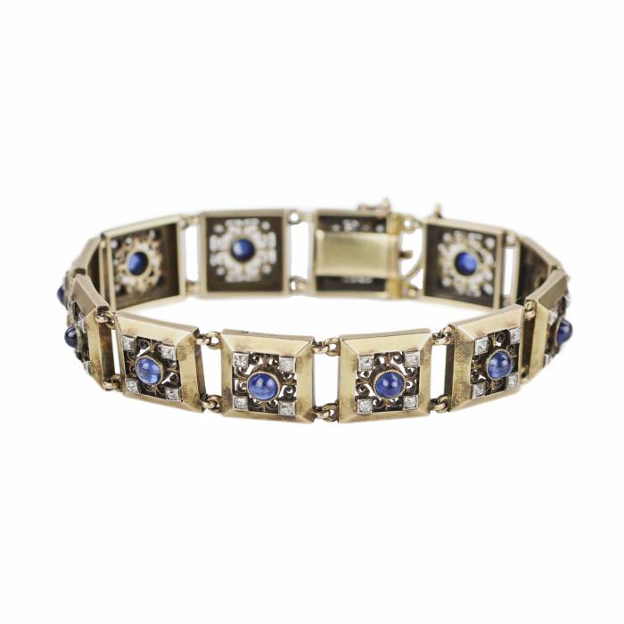 Elegant 56-carat Russian gold bracelet with sapphires and diamonds from Faberge firm. Moscow, Russia 1899-1908. 