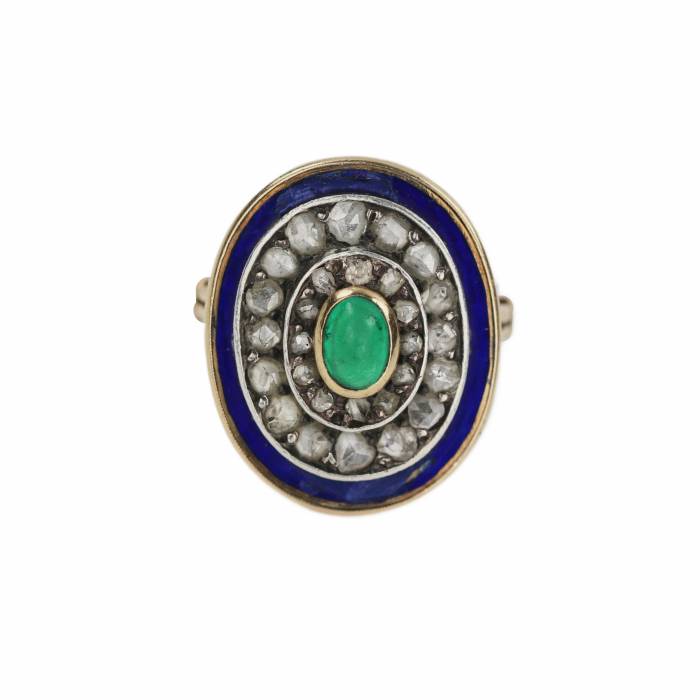 Золотое кольцо 583 пробы, с изумрудом, бриллиантами и синей эмалью. 