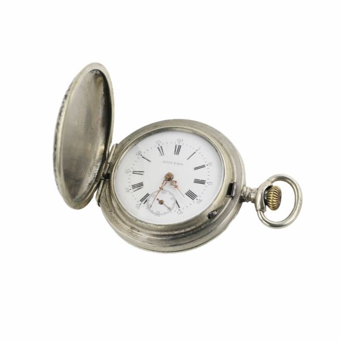 Russian pocket watch with blackened metal pattern. Diogenes company. Early 20th century. 