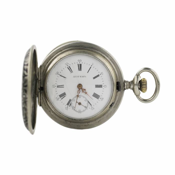 Russian pocket watch with blackened metal pattern. Diogenes company. Early 20th century. 