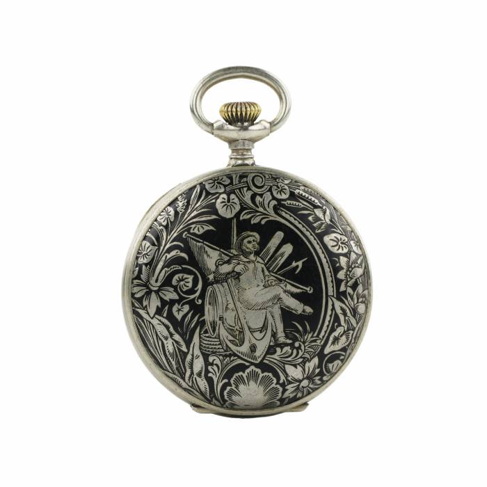 Russian pocket watch with blackened metal pattern. Diogenes company. Early 20th century. 