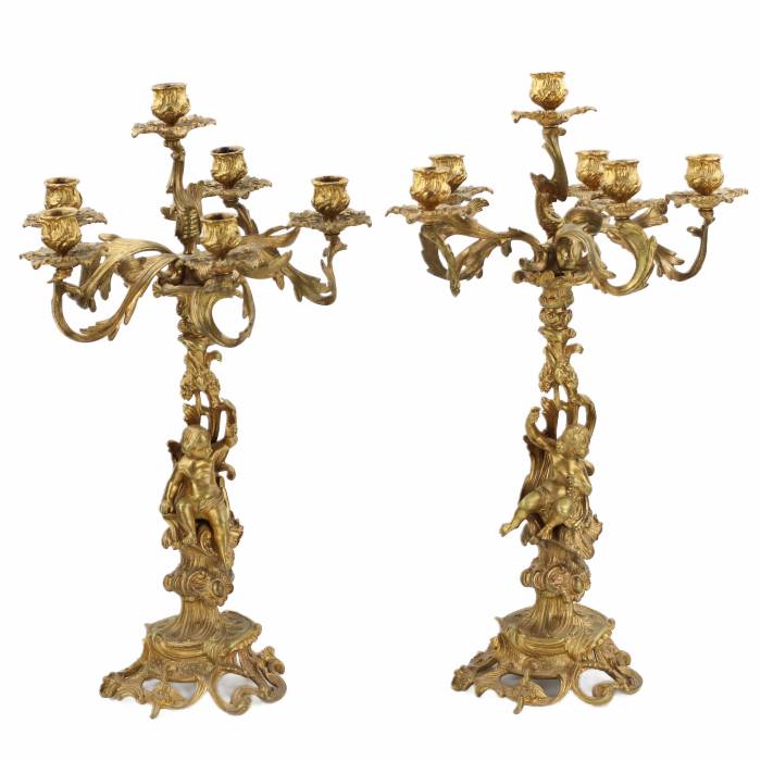 Pair of gilded bronze candelabra. 19th century 