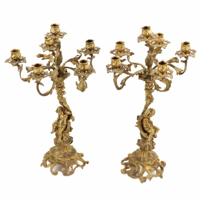Pair of gilded bronze candelabra. 19th century 