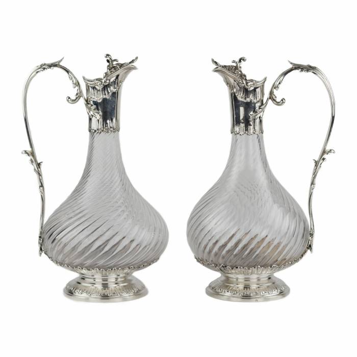 Pair of French, spiral glass wine jugs with silver. Late 19th century. 