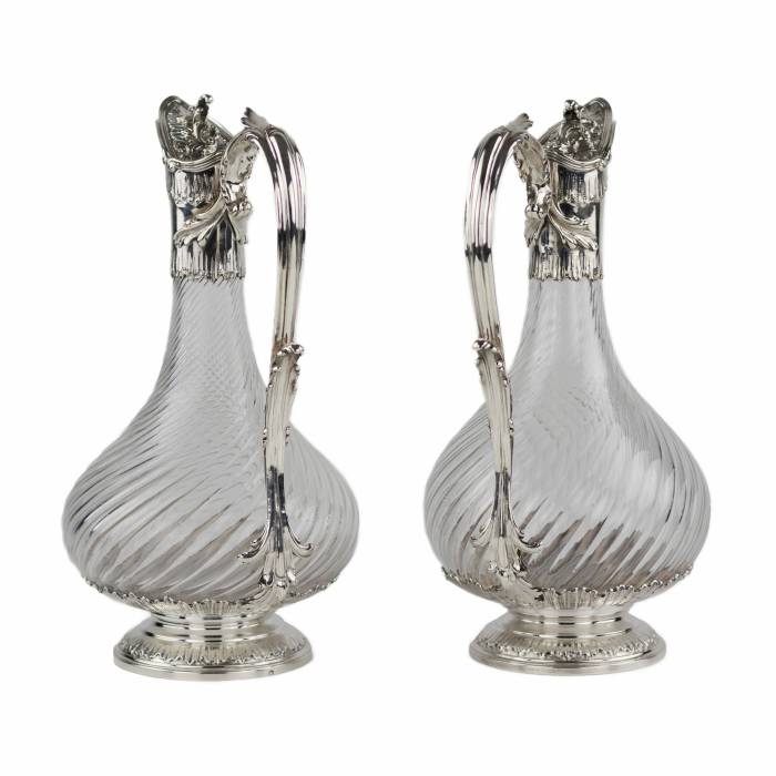 Pair of French, spiral glass wine jugs with silver. Late 19th century. 