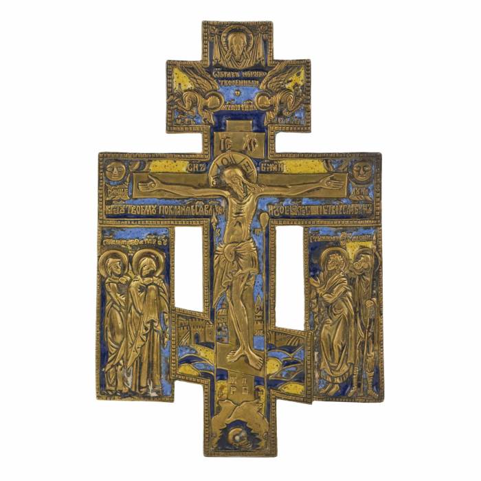 Bronze cross Crucifixion with three enamels. Russia. 19th century.