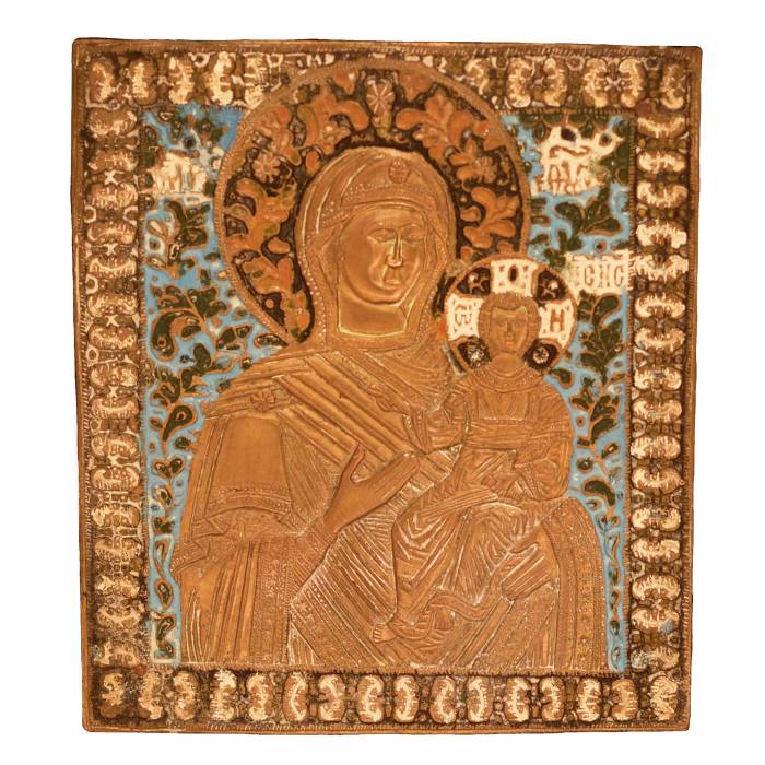 Large, copper-cast icon of the Smolensk Mother of God, with five enamels, in an icon case. Russia. 19th century. 