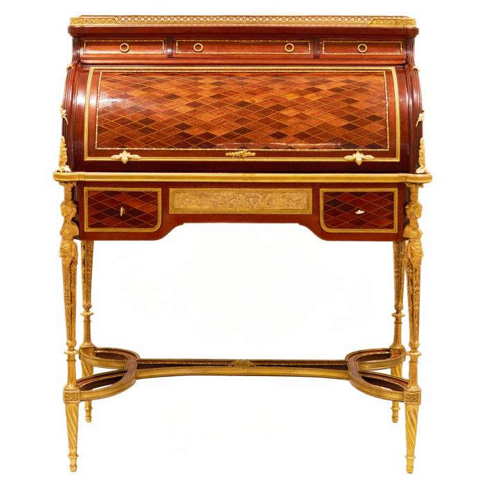  E.KAHN.  Великолепное, цилиндрическое бюро из красного и атласного дерева с золоченой бронзой.  