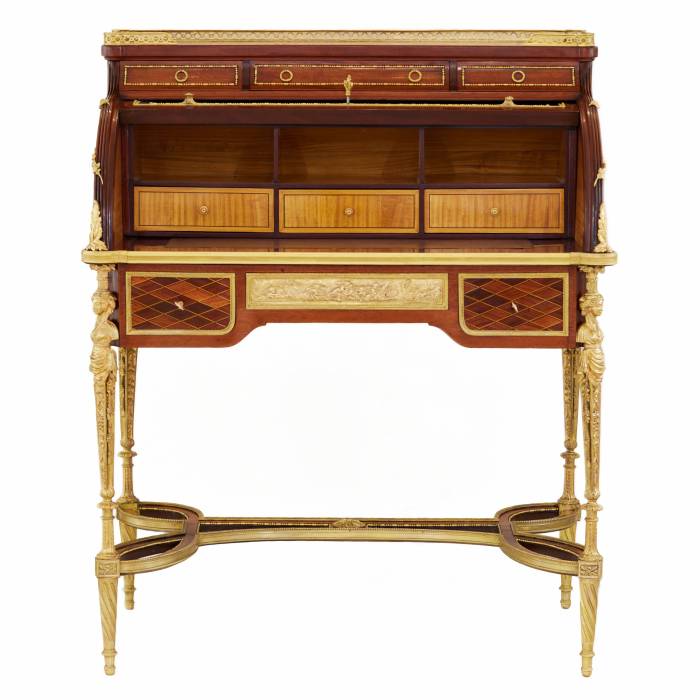 E.KAHN. Magnifique bureau cylindrique en acajou et bois satiné avec bronze doré. 