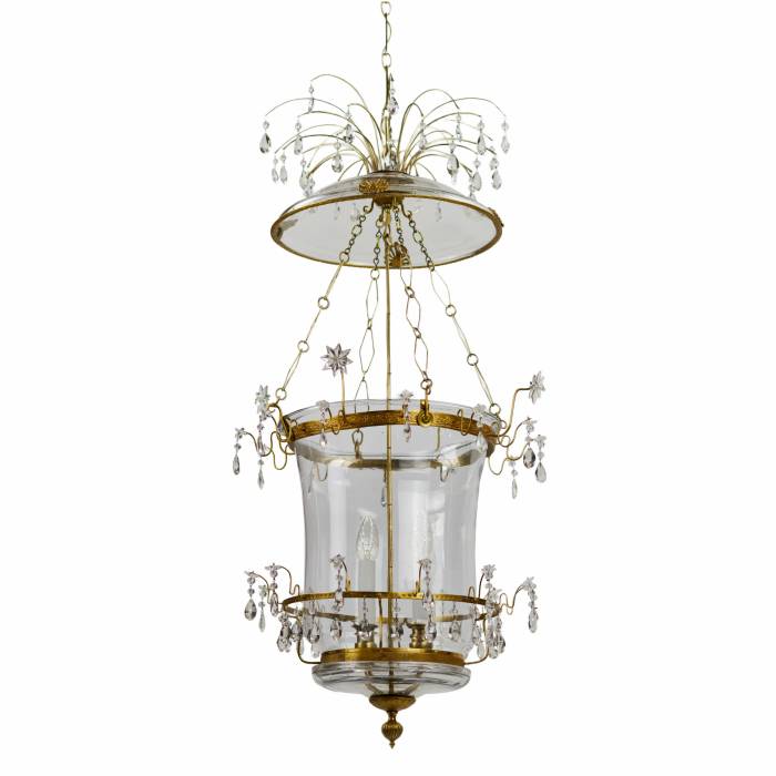 Lustre lanterne russe à deux lumières en cristal et ormolu. Russie, debut du XIXe siècle.