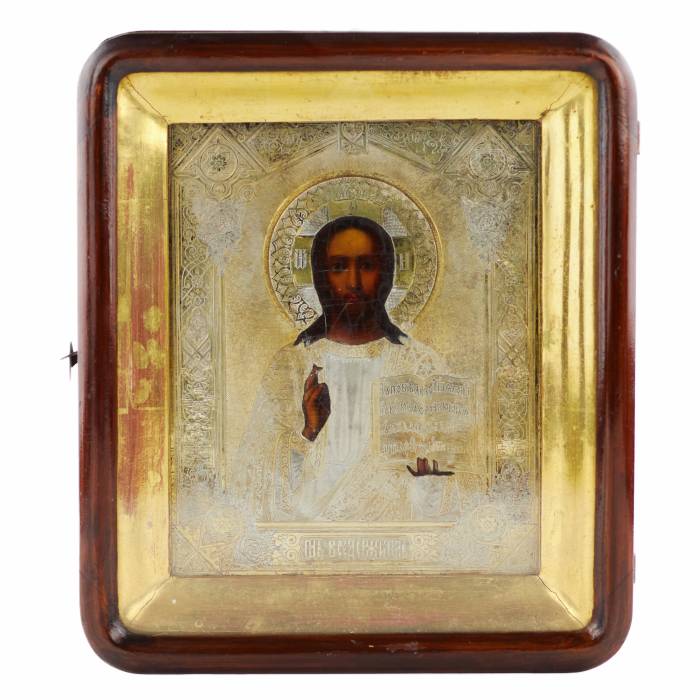 Icône du Christ Pantocrator dans un cadre et un étui à icônes. Fin du 19ème siècle. 