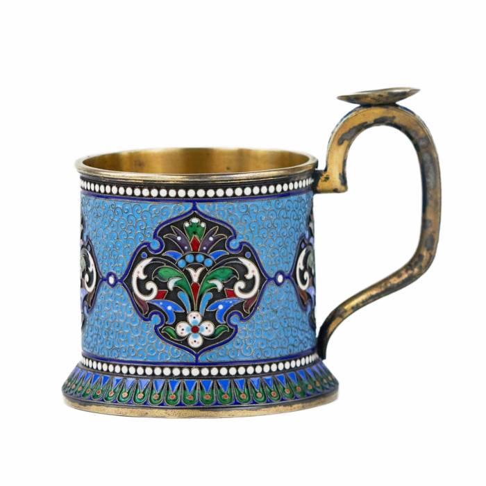 Silver glass holder in neo-Russian style with cloisonné enamel and gilding. Lyubavin. End of the 19th century. 