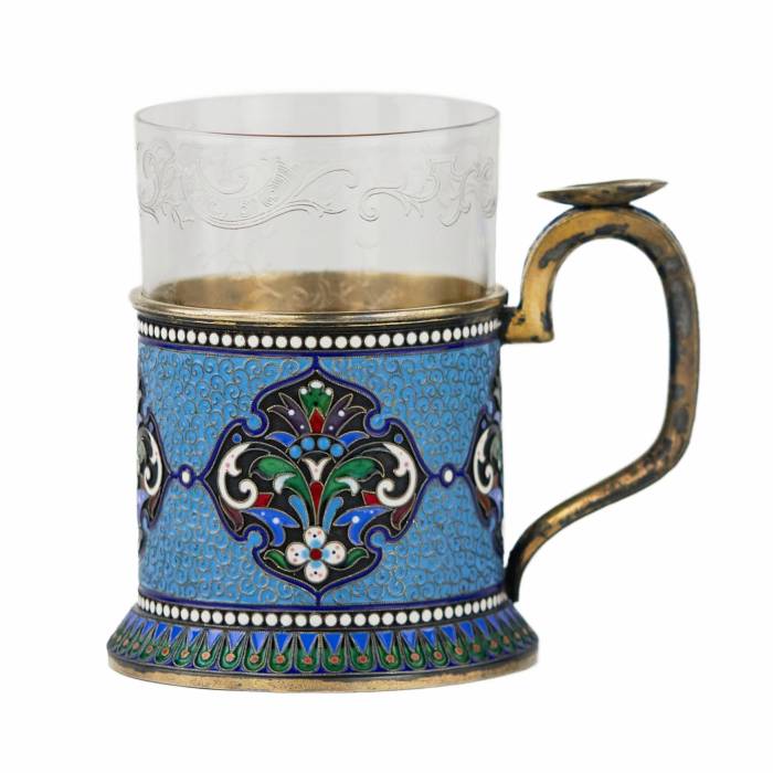 Silver glass holder in neo-Russian style with cloisonné enamel and gilding. Lyubavin. End of the 19th century. 