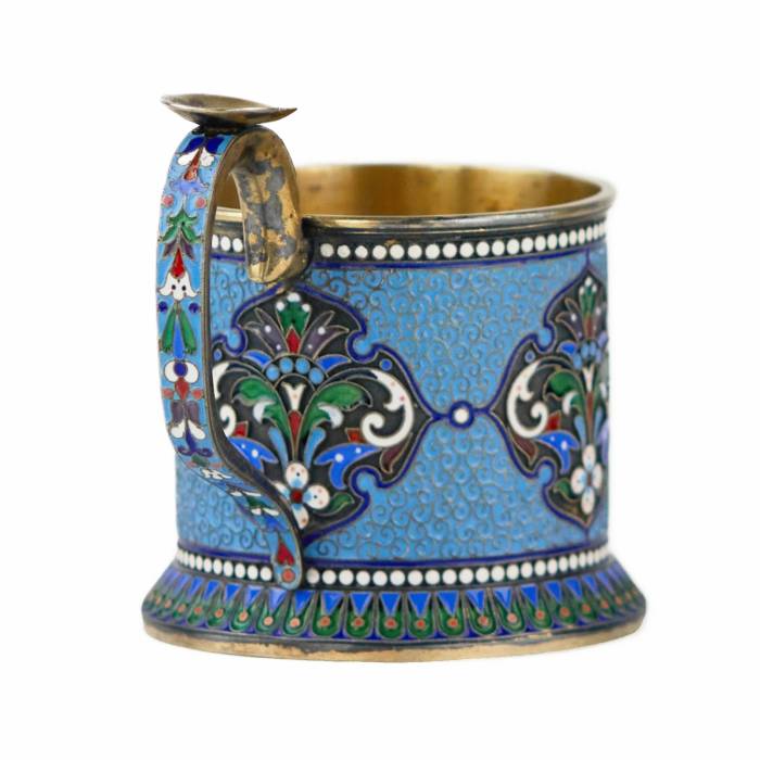 Silver glass holder in neo-Russian style with cloisonné enamel and gilding. Lyubavin. End of the 19th century. 