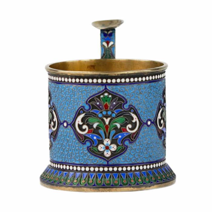 Silver glass holder in neo-Russian style with cloisonné enamel and gilding. Lyubavin. End of the 19th century. 