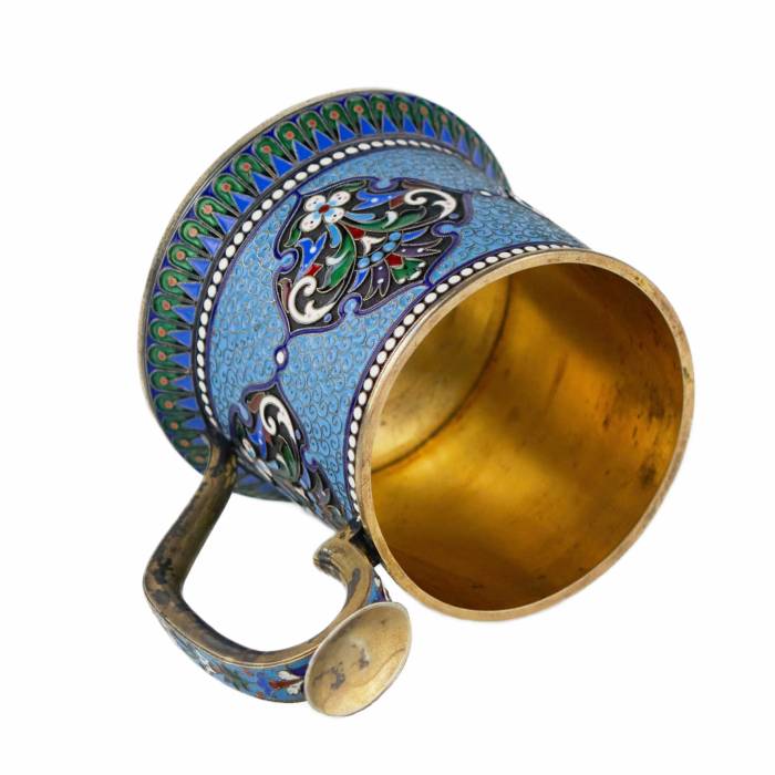 Silver glass holder in neo-Russian style with cloisonné enamel and gilding. Lyubavin. End of the 19th century. 