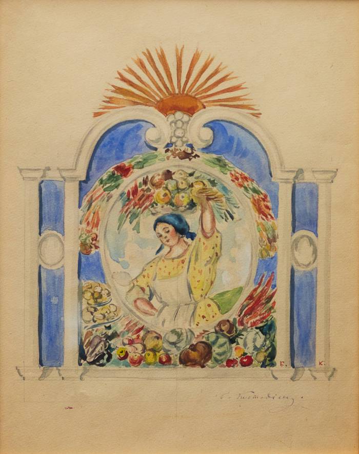 B. Kustodijevs. Paviljona vai pārpilnības paneļa skice. 1920. gadi. Akvarelis, zīmulis. 