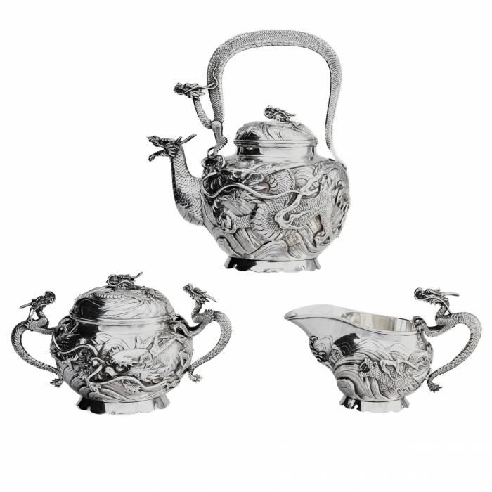 Oshima. Japanese silver tea set Dragon. Early 20th century. 