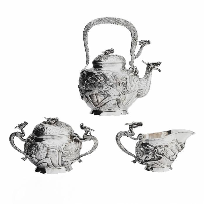 Oshima. Japanese silver tea set Dragon. Early 20th century. 