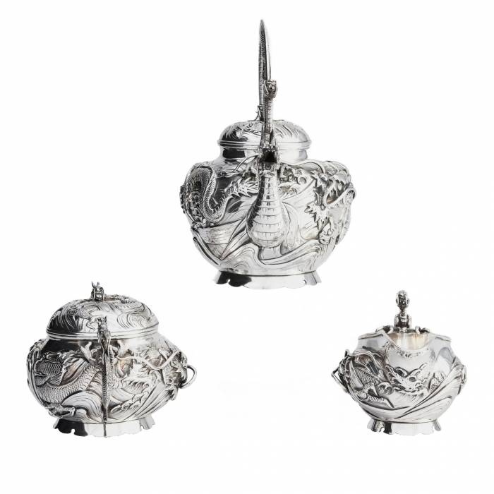 Oshima. Japanese silver tea set Dragon. Early 20th century. 