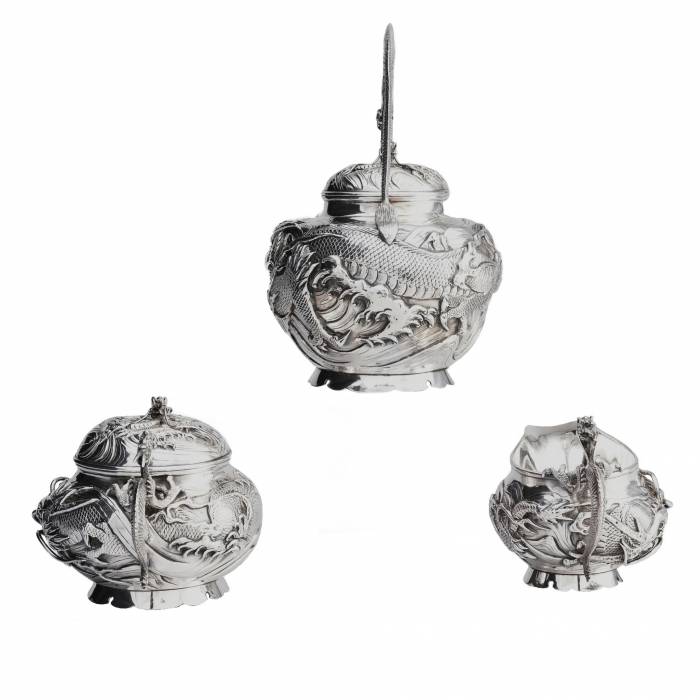 Oshima. Japanese silver tea set Dragon. Early 20th century. 