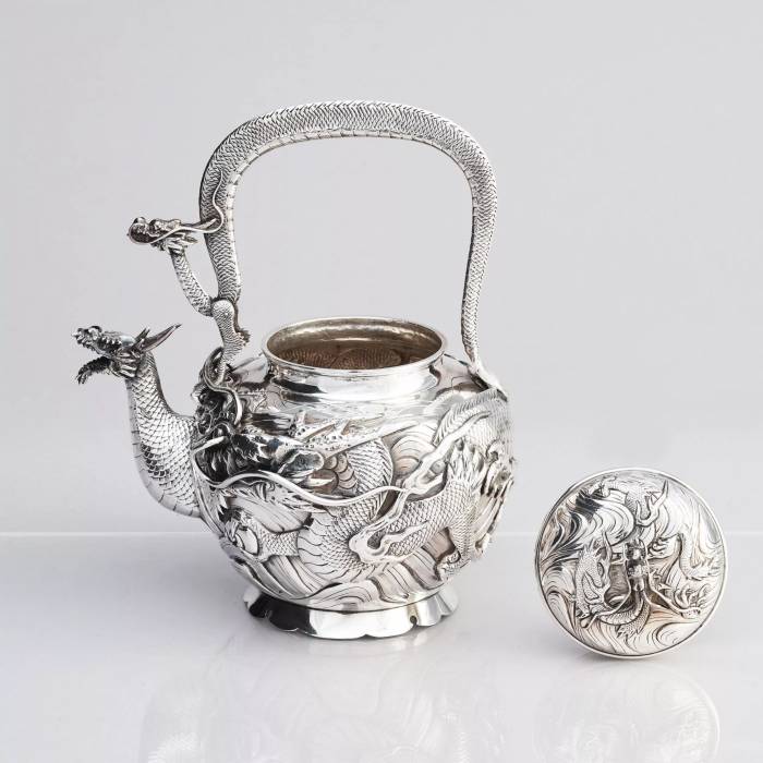 Oshima. Japanese silver tea set Dragon. Early 20th century. 