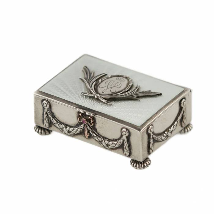 Wilhelm Wikström. Faberge silver stamp box with guilloché enamel. 1899-1908 