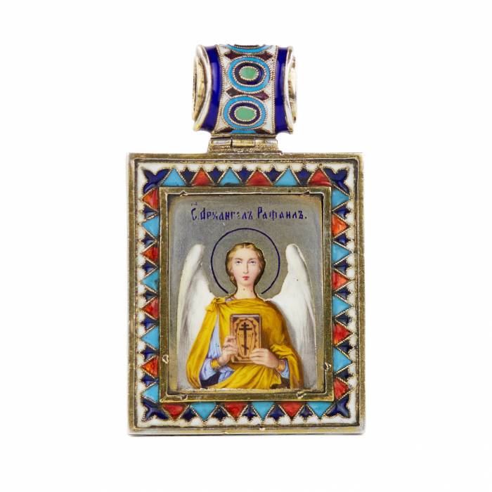 RUSSIAN, SILVER ICON OF THE ARCHANGEL RAPHAEL, PAINTED AND CLOISONNÉ ENAMELS. LATE 19TH CENTURY.