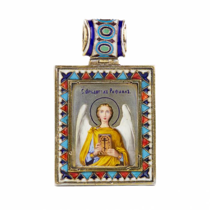 Russian, silver icon of the Archangel Raphael, painted and cloisonné enamels. Late 19th century. 