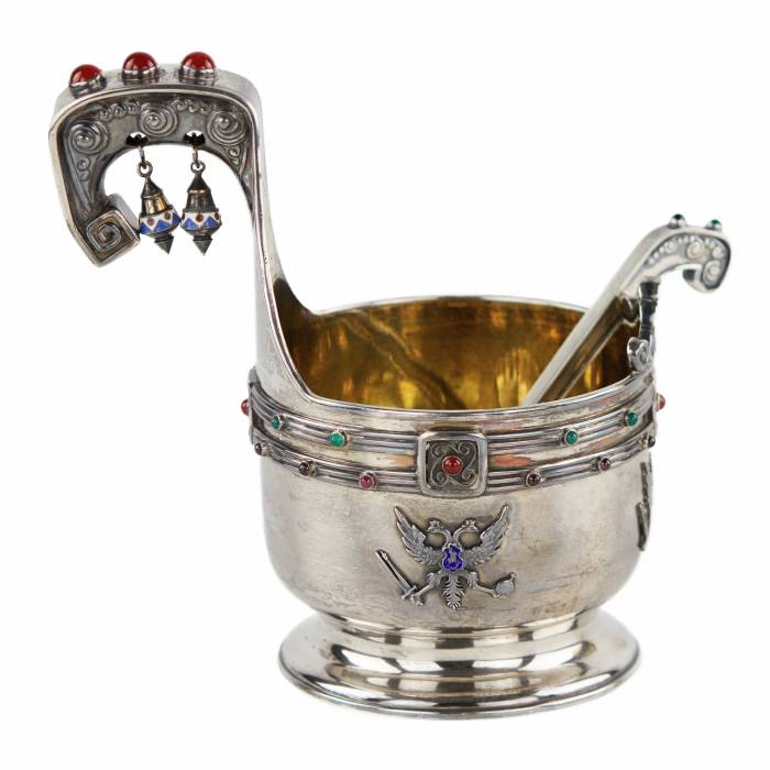 Large silver kovsh in Art Nouveau style by Faberge. Yuliy Rappoport. Early 20th century. 
