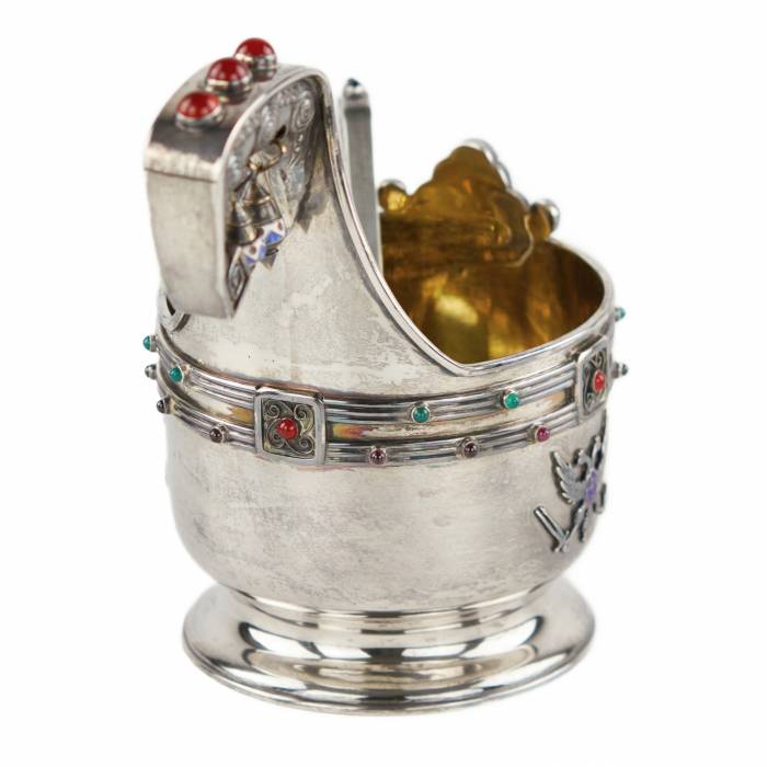 Large silver kovsh in Art Nouveau style by Faberge. Yuliy Rappoport. Early 20th century. 