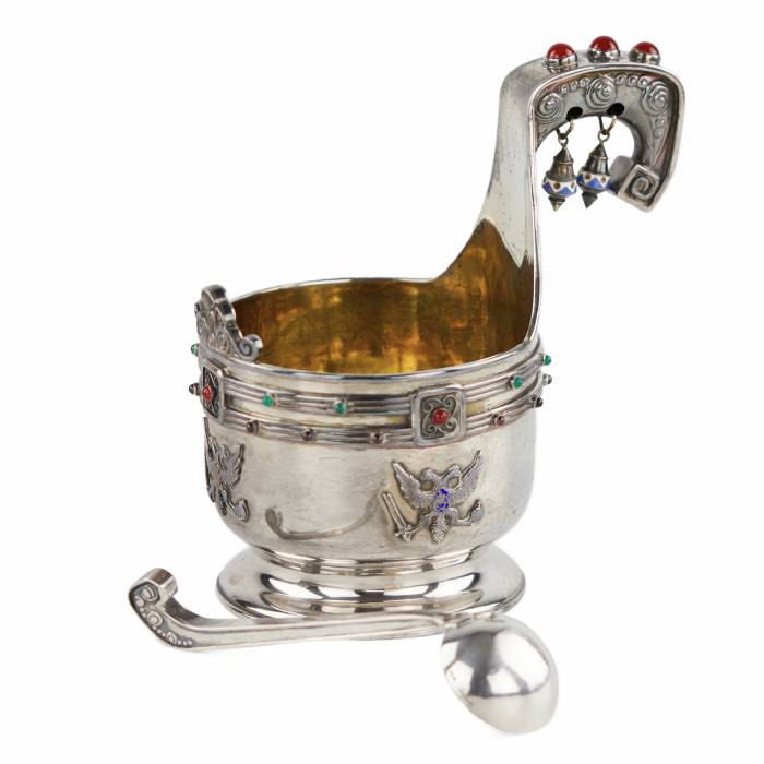 Large silver kovsh in Art Nouveau style by Faberge. Yuliy Rappoport. Early 20th century. 