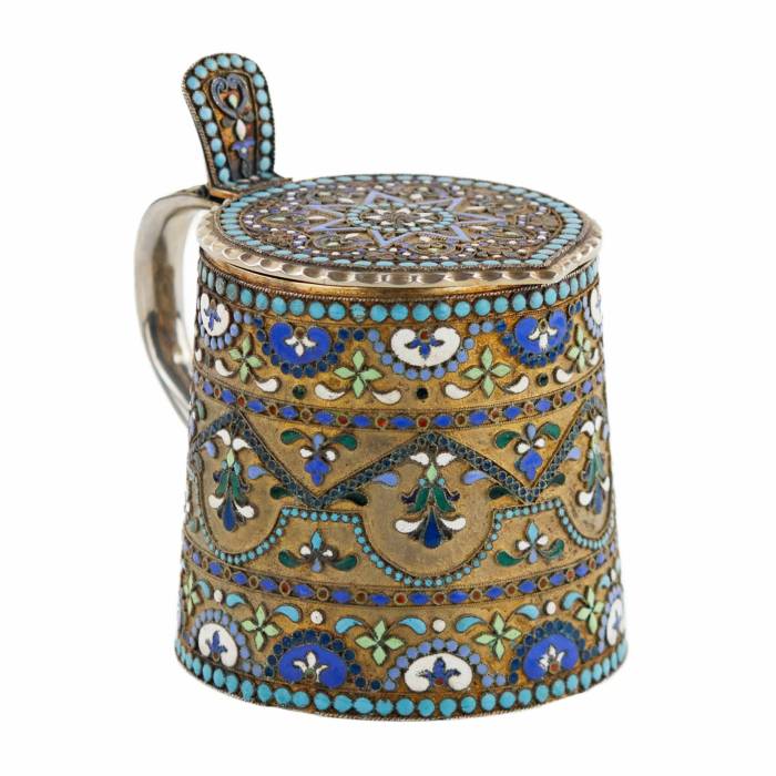 Russian, silver cloisonné enamel mug in neo-Russian style. 20th century.