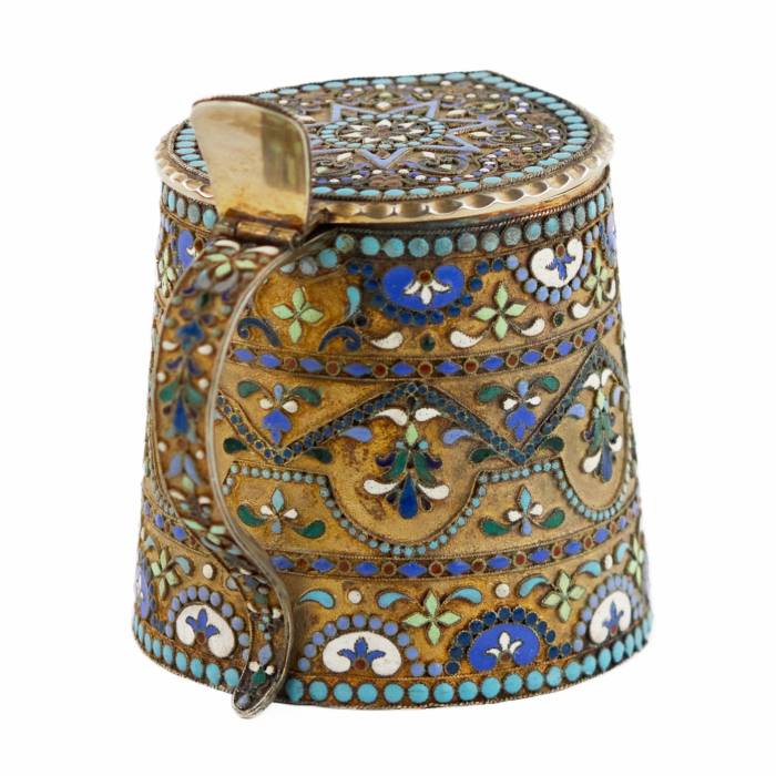 Russian, silver cloisonné enamel mug in neo-Russian style. 20th century.