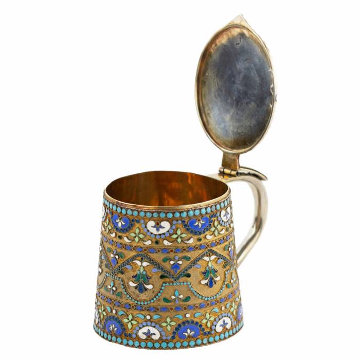 Russian, silver cloisonné enamel mug in neo-Russian style. 20th century.