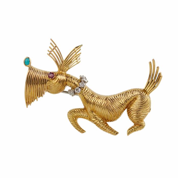 Amusante broche en or en forme de chien rigolo, avec diamants, rubis et turquoise. 