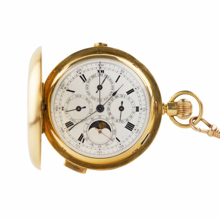  Montre de chasse en or avec répétition, calendrier et chronographe. Londres. 1912-13. 