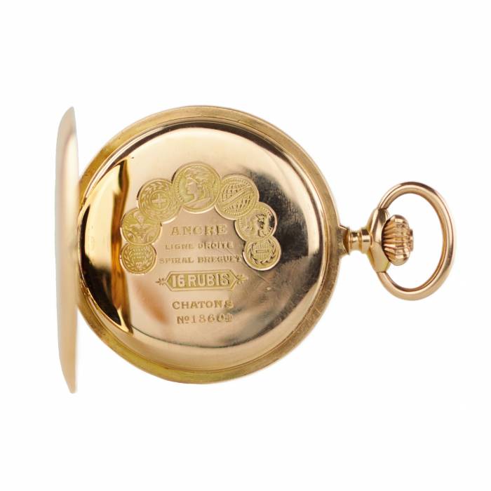 Gold, three-case, pocket watch with a chain and an erotic scene on the dial. 1900 